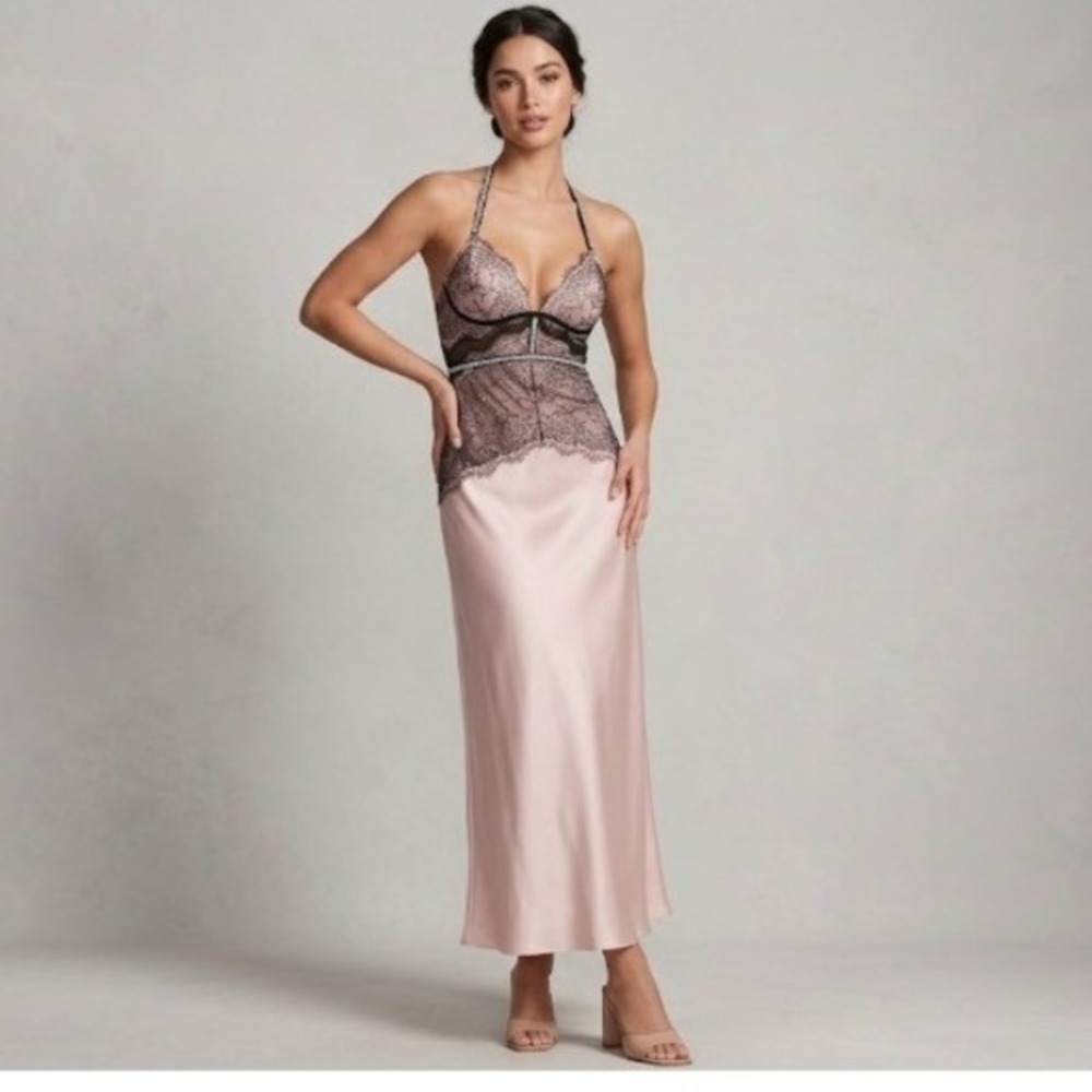 VICTORIA'S SECRET Lace-Inset Long Lingerie Nightie Slip Dress Black Pink  Small